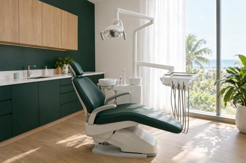 Consultorio de Sonrisa Perfecta con sillón verde y luz natural de ventana