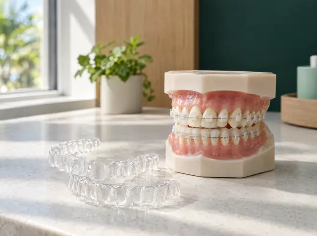 Alineadores transparentes junto a un modelo con brackets